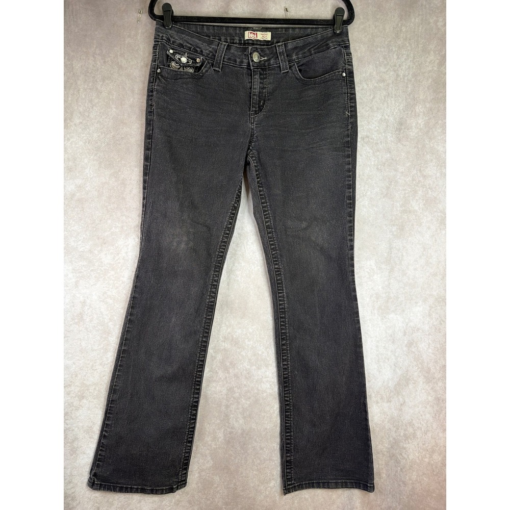 Y2K LEI Ashley Jeans 13 Black Low Rise Slim Bootcut Embroidered Fleur dis Lis - Picture 4 of 8